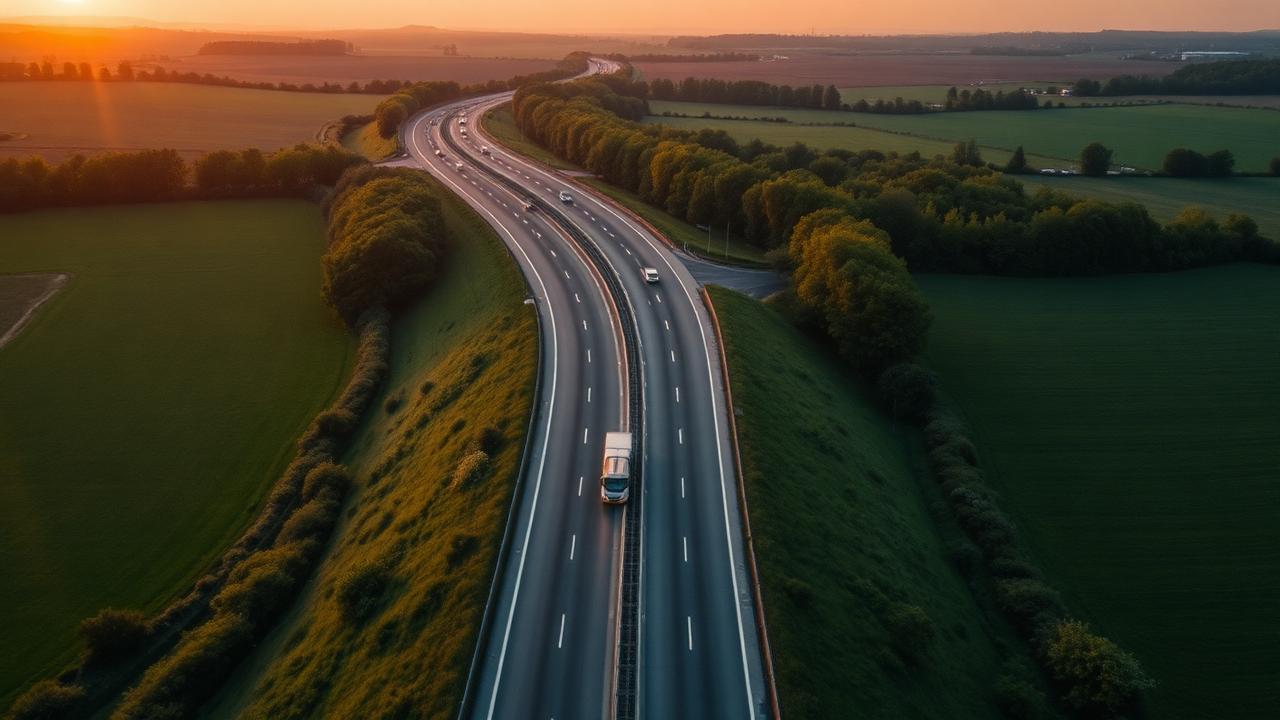 Autoroute française vue du ciel au lever du soleil