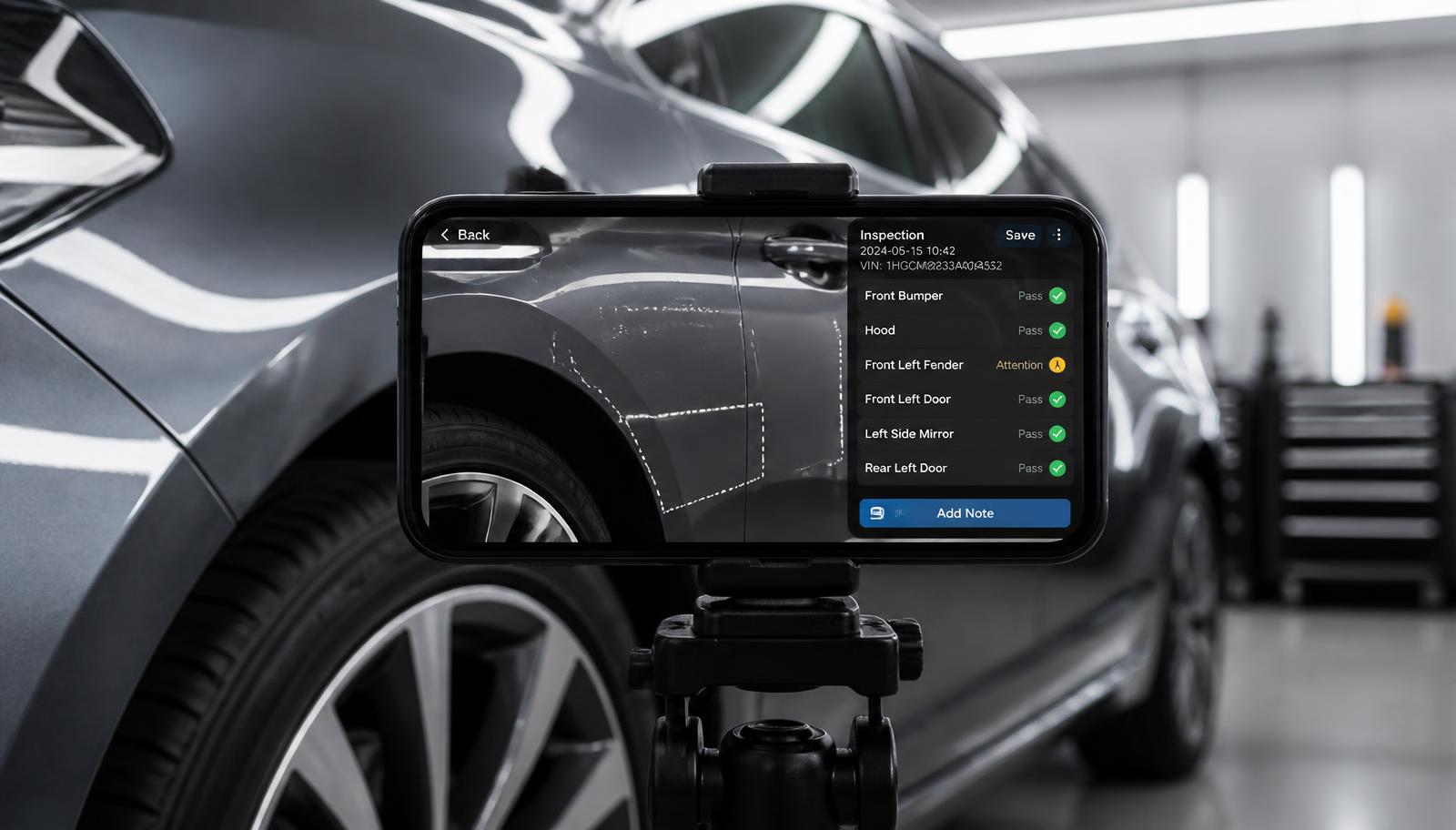 Smartphone affichant un état des lieux numérique devant une carrosserie
